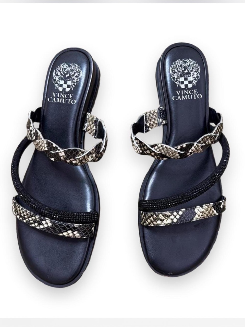 Vince Camuto Black and Gold Snake-Print Braided Slide Sandals Size 8.5 (39.5)